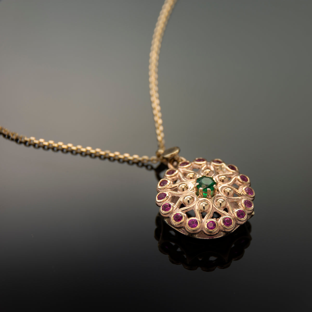 NG4767 Gold Flower Charm Necklace with Emerald and Ruby