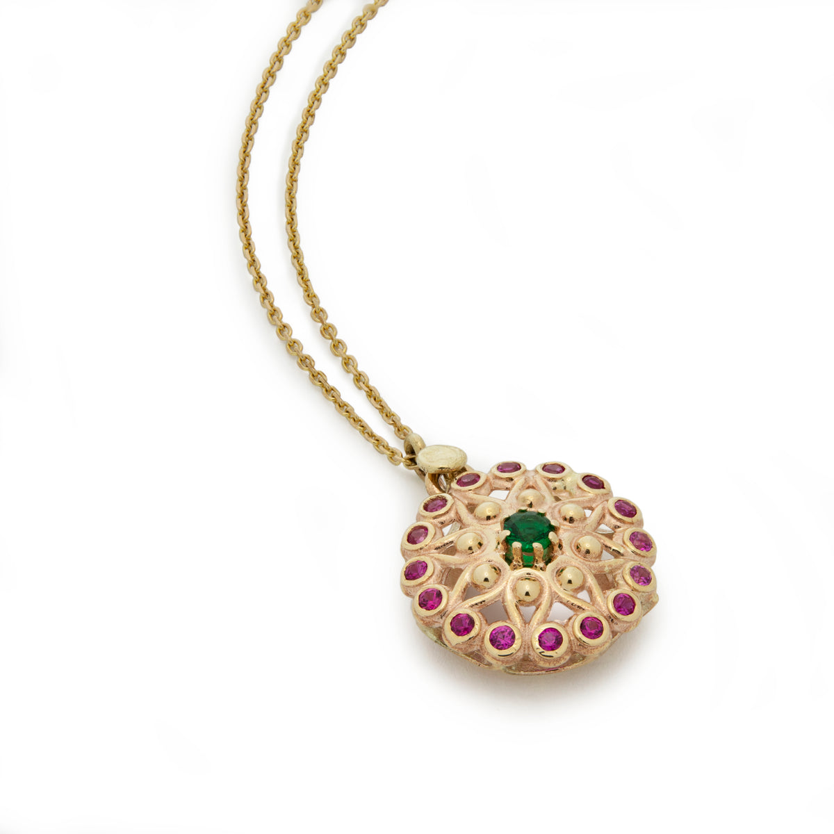 NG4767 Gold Flower Charm Necklace with Emerald and Ruby