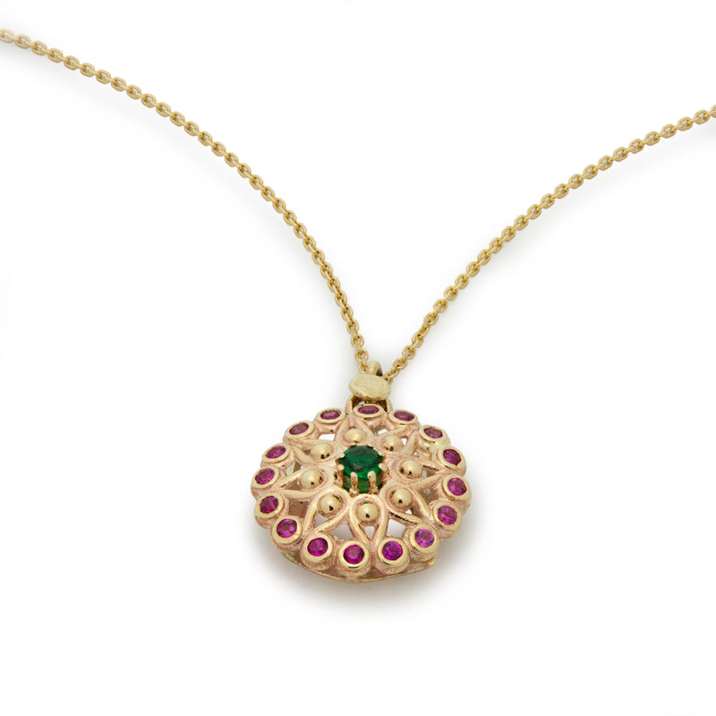 NG4767 Gold Flower Charm Necklace with Emerald and Ruby