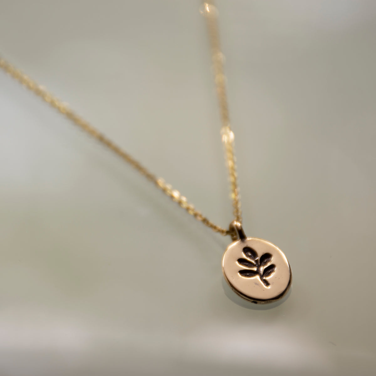 NG4768A Hand-Stamped Leaf Oval Pendant Gold Necklace