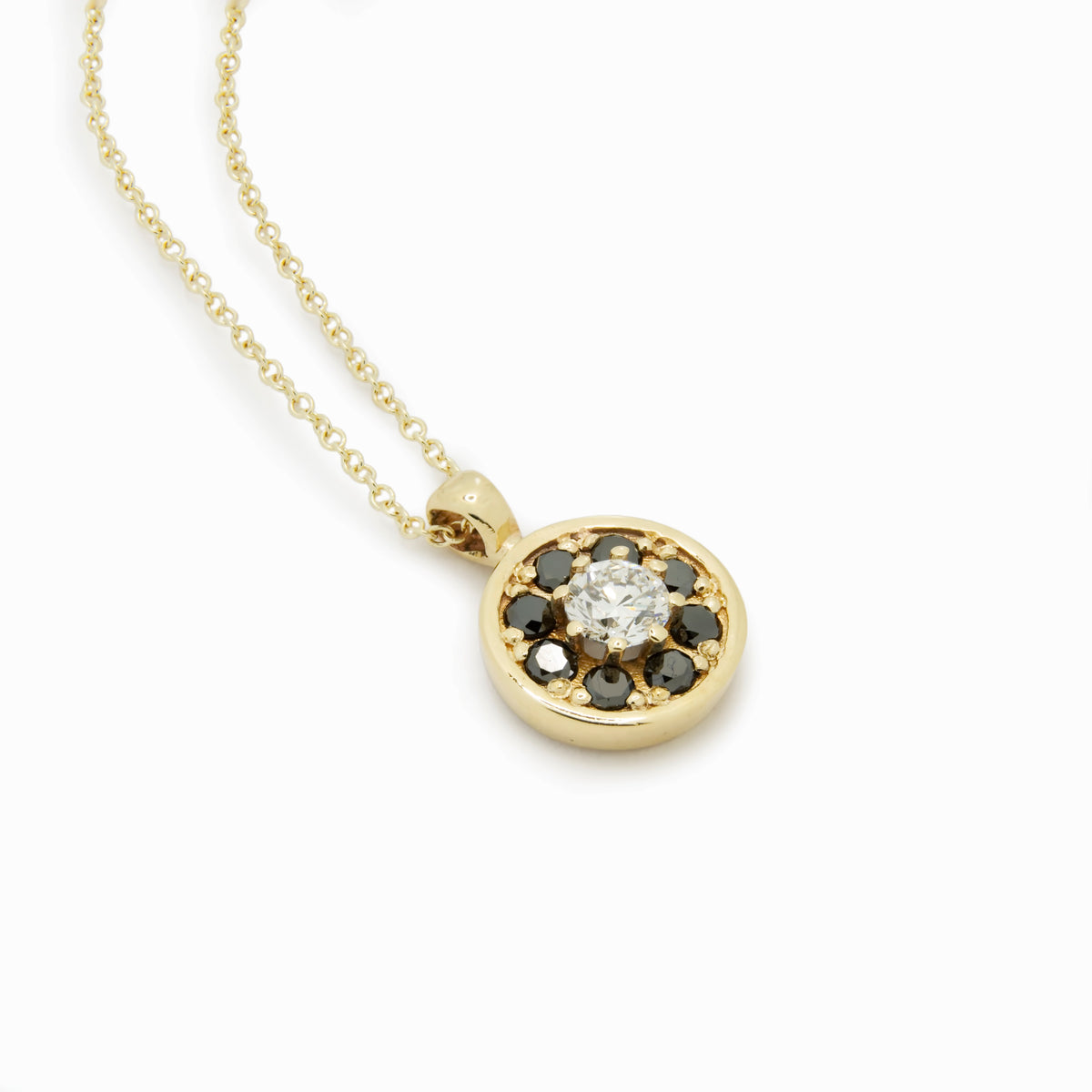 NG4775 Gold necklace with Flower Pendant set with Black and Clear Diamonds