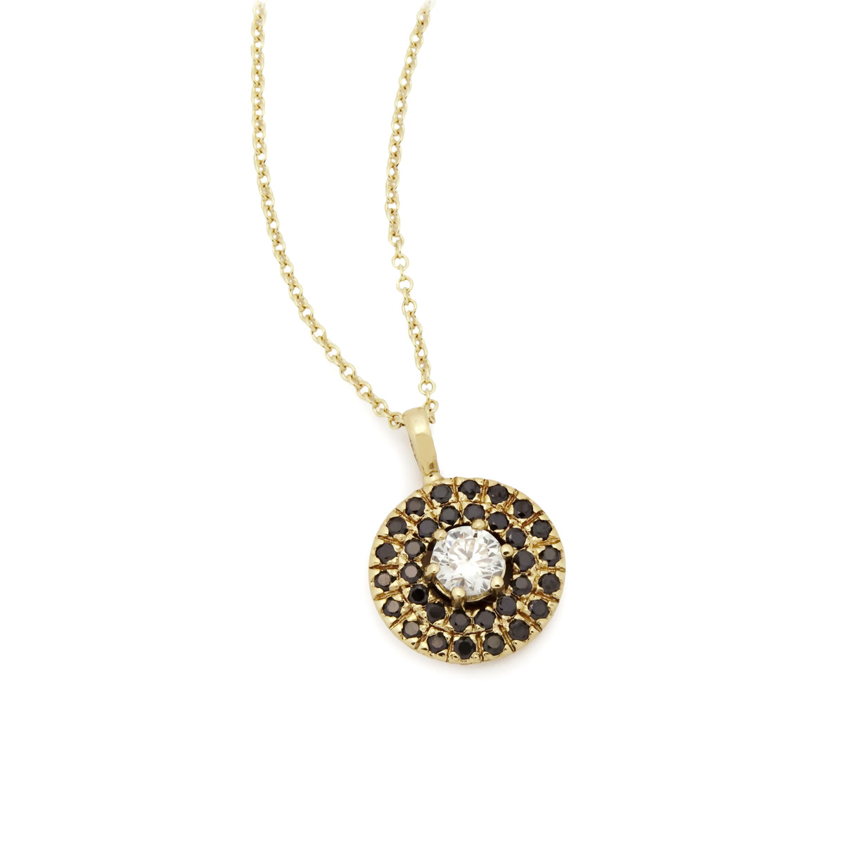 NG4776 Gold Necklace with Round Pendant set with Black and Clear Diamonds