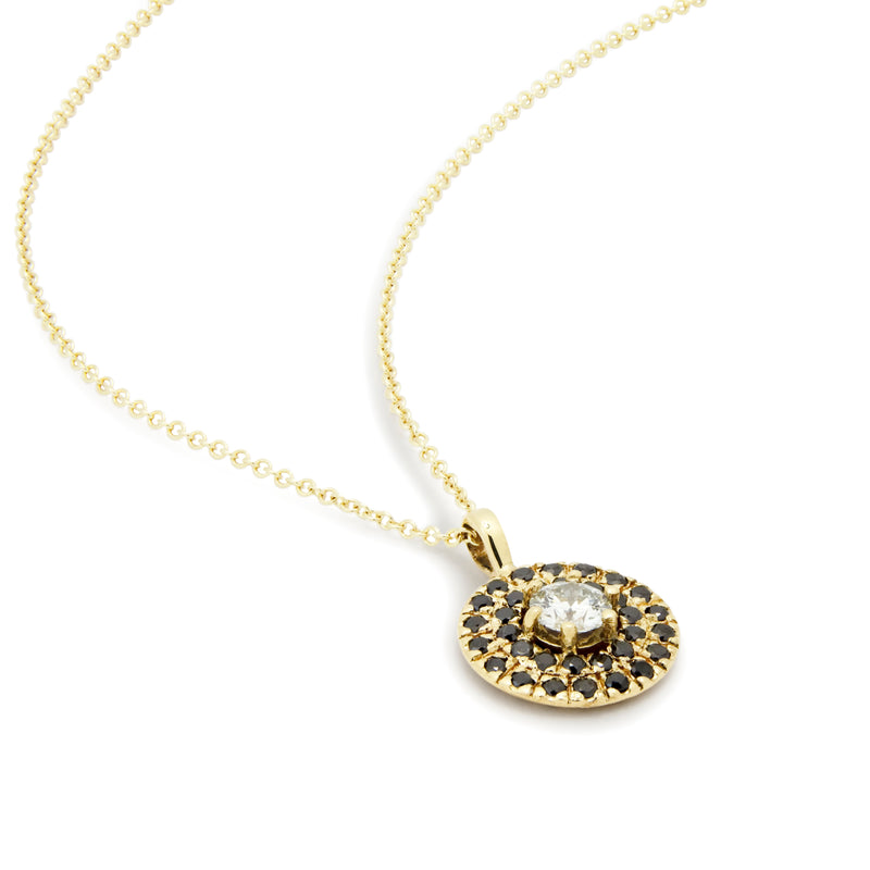 NG4776 Gold Necklace with Round Pendant set with Black and Clear Diamonds