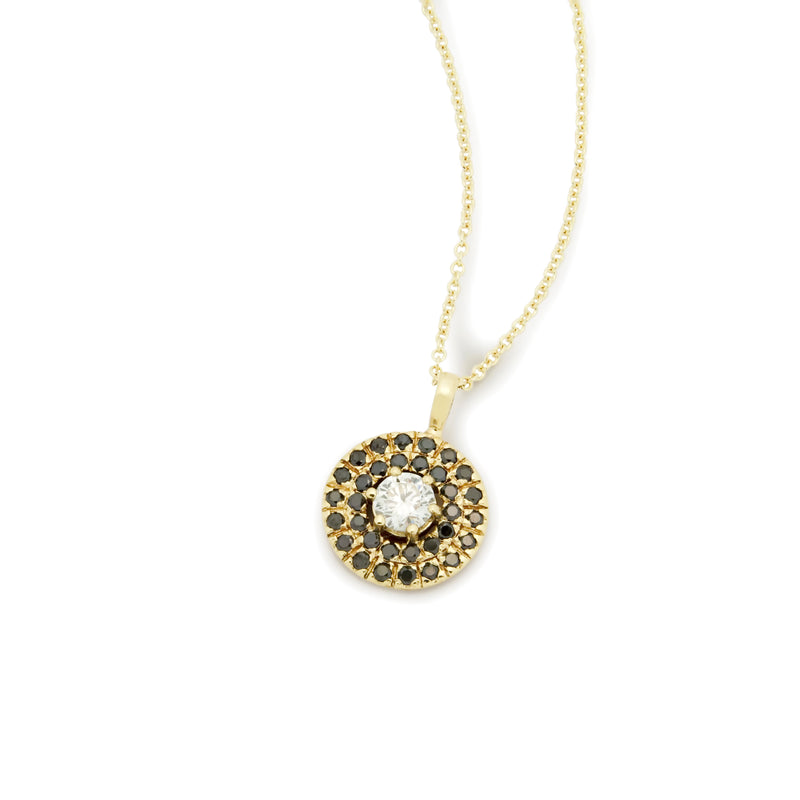 NG4776 Gold Necklace with Round Pendant set with Black and Clear Diamonds