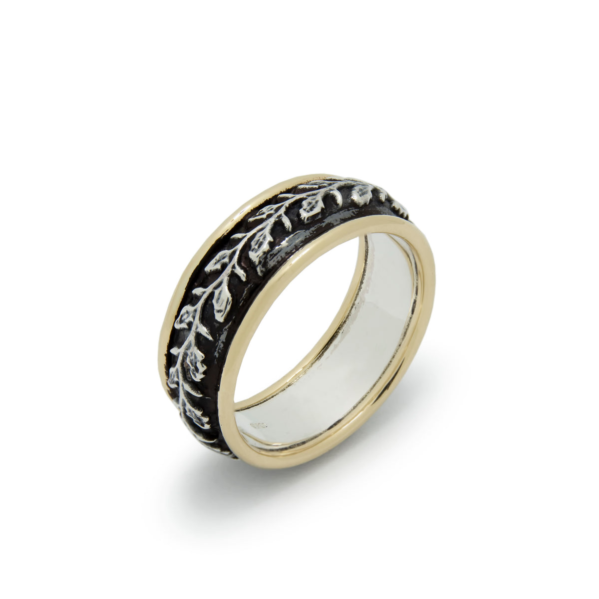 R0914 Rustic Silver Ring with Leaves and Gold Rim