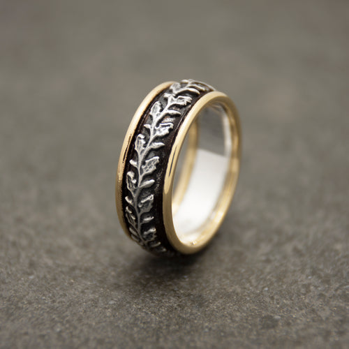 R0914 Rustic Silver Ring with Leaves and Gold Rim
