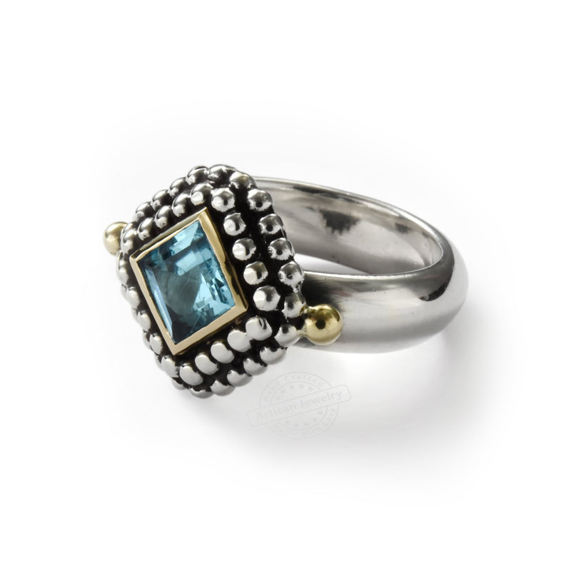R0945 Square Blue Quartz silver and gold ring