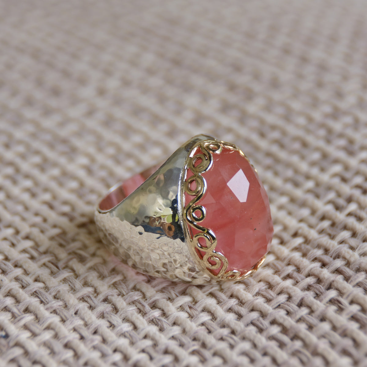 R1113H Cherry Quarts chunky ring with Gold Ornaments