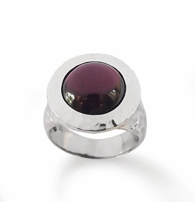 R1235S Hammered Silver and Garnet Chunky ring