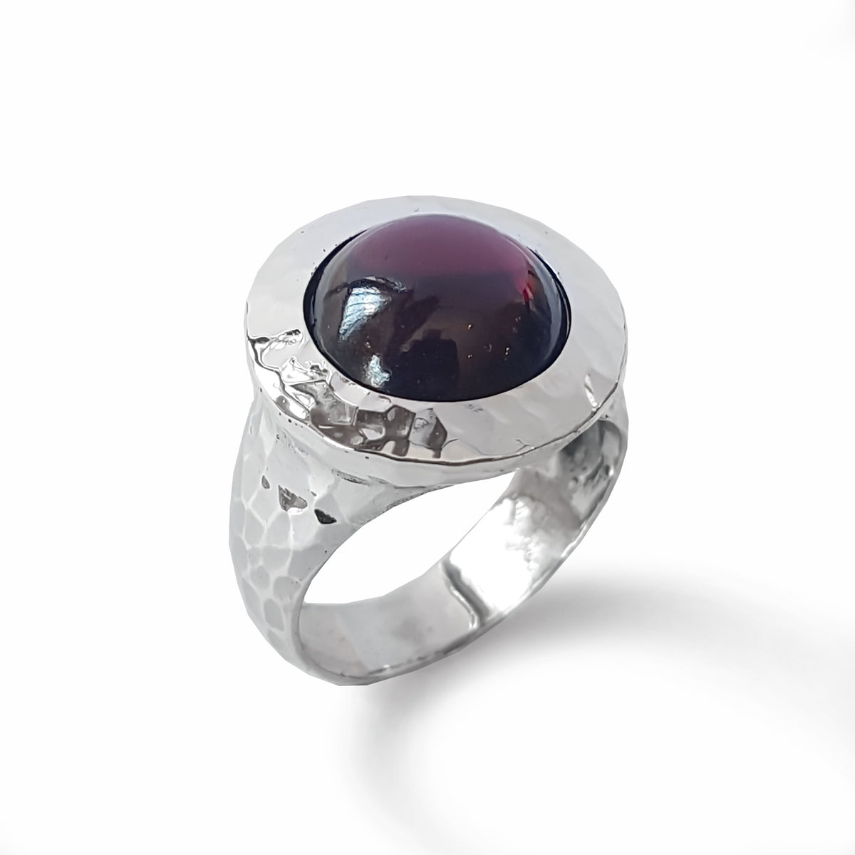 R1235S Hammered Silver and Garnet Chunky ring