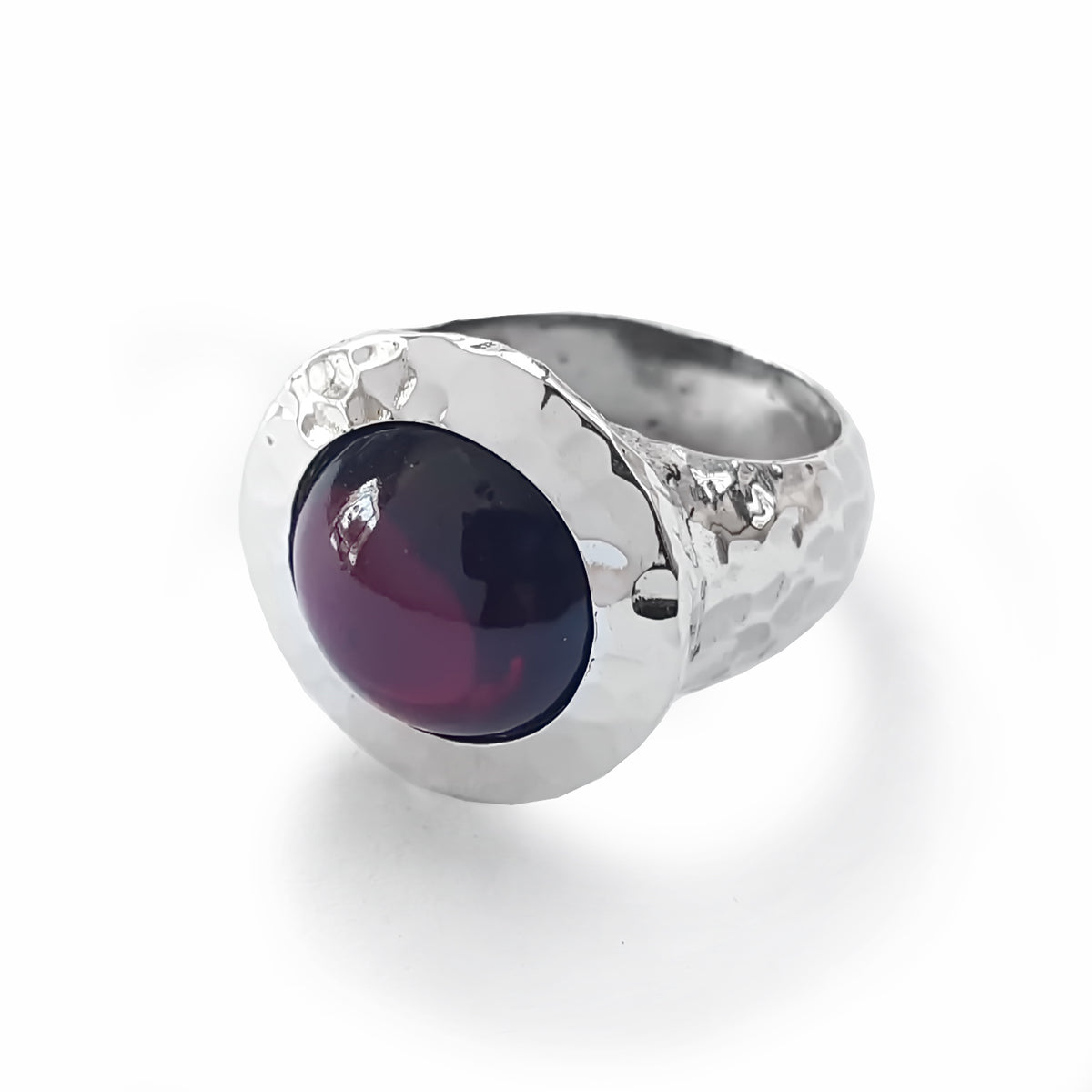 R1235S Hammered Silver and Garnet Chunky ring