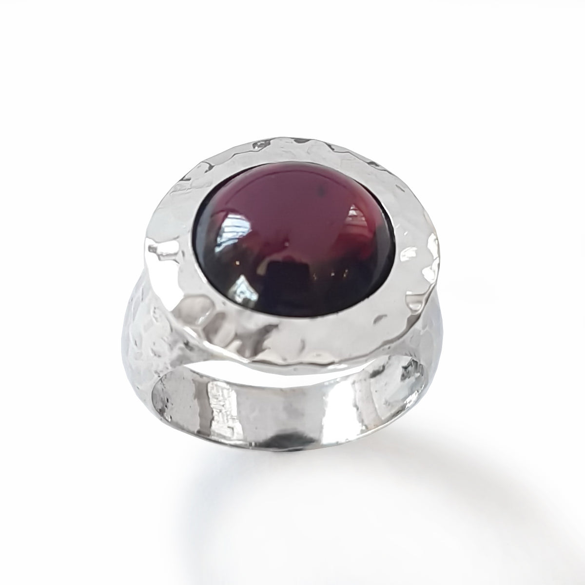 R1235S Hammered Silver and Garnet Chunky ring