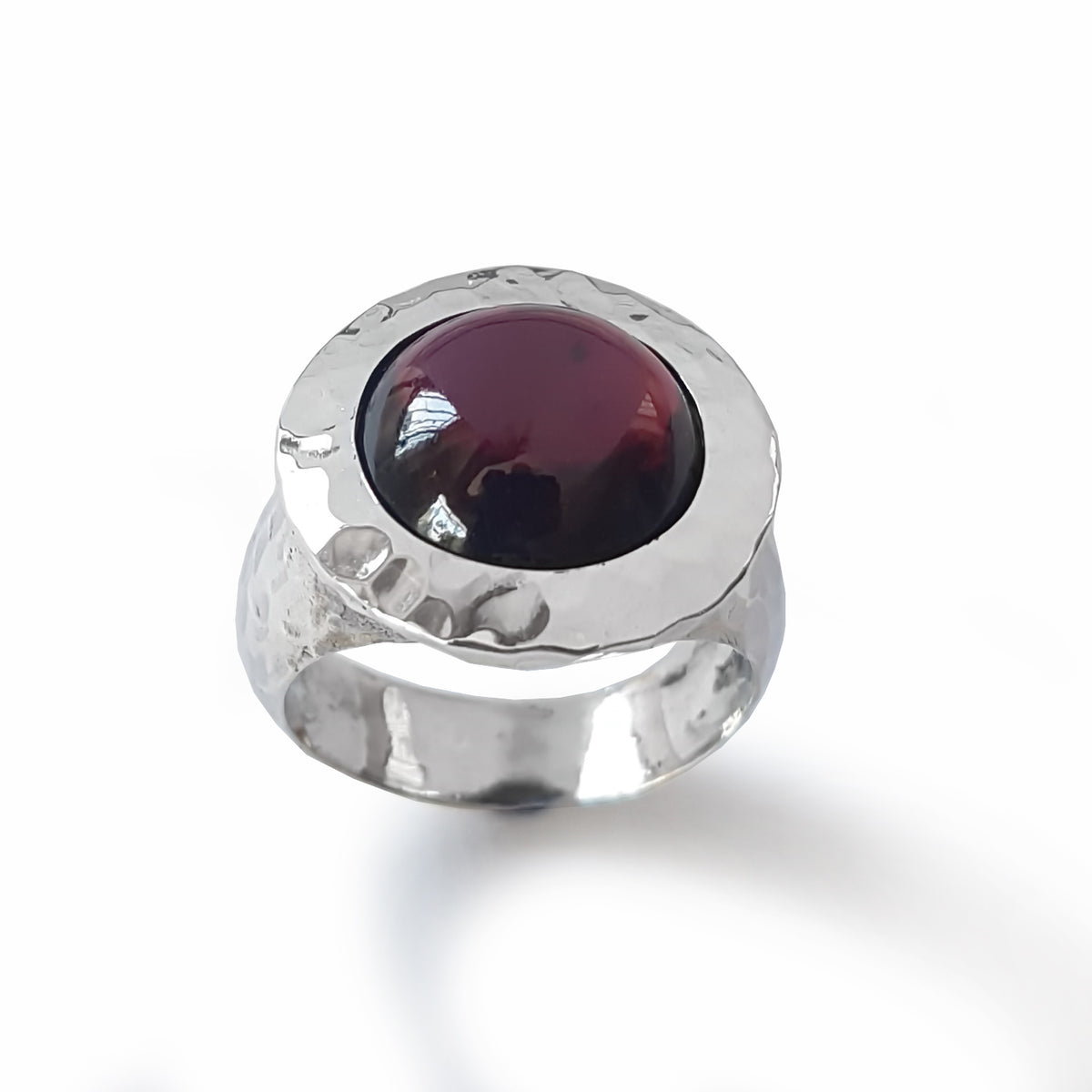 R1235S Hammered Silver and Garnet Chunky ring