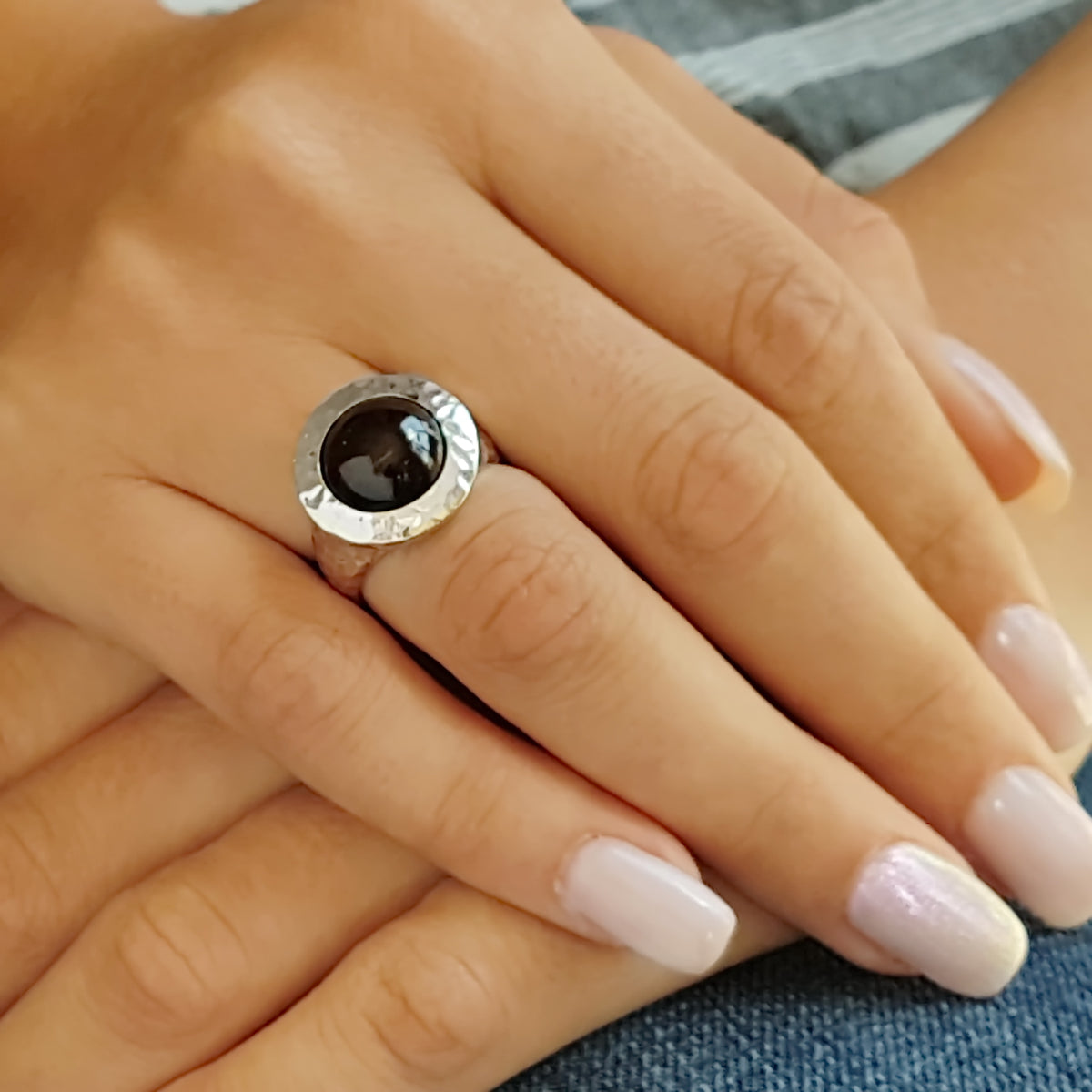 R1235S Hammered Silver and Garnet Chunky ring