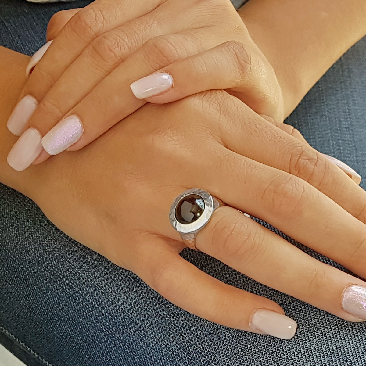 R1235S Hammered Silver and Garnet Chunky ring