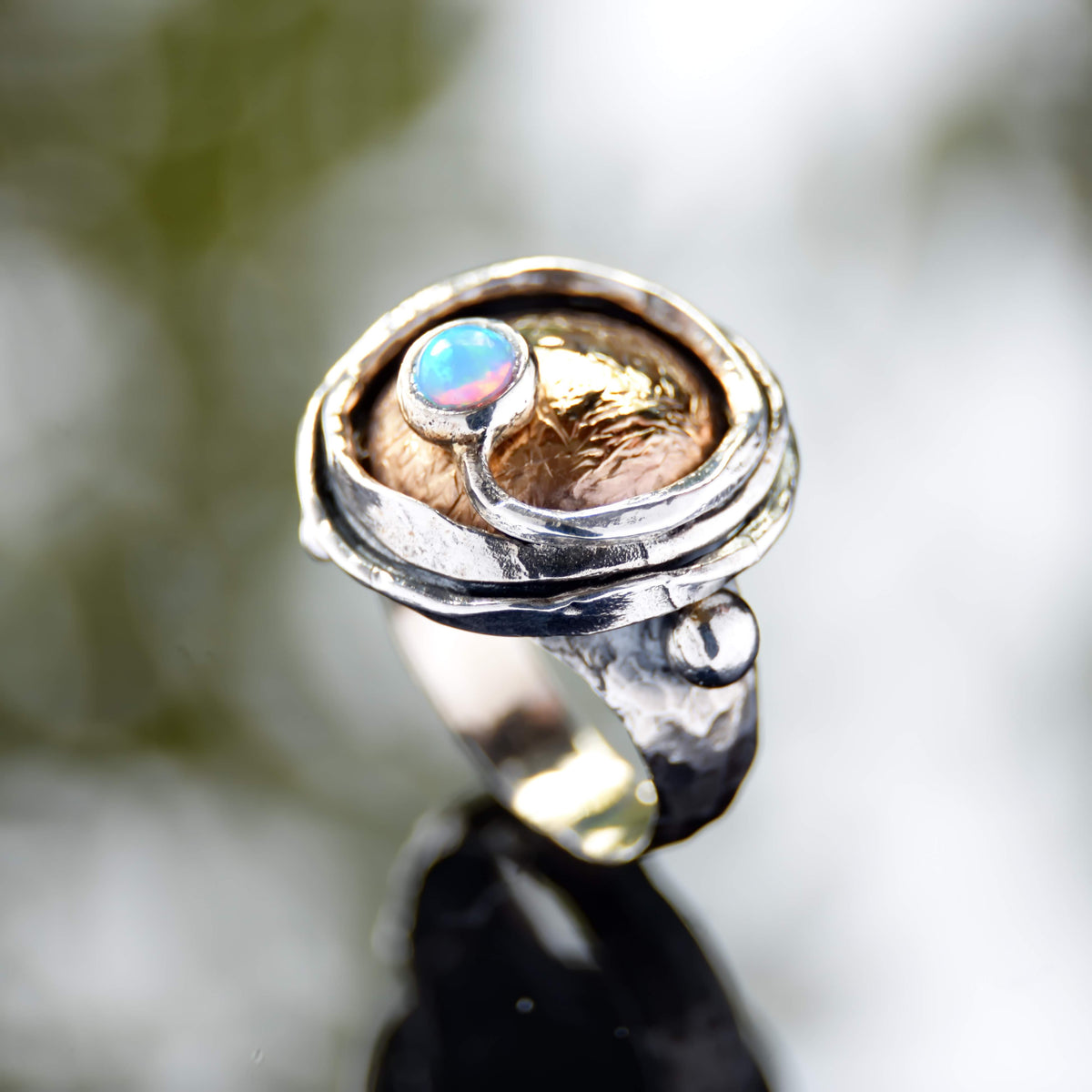 R1470X Two tone rustic ring with Opal