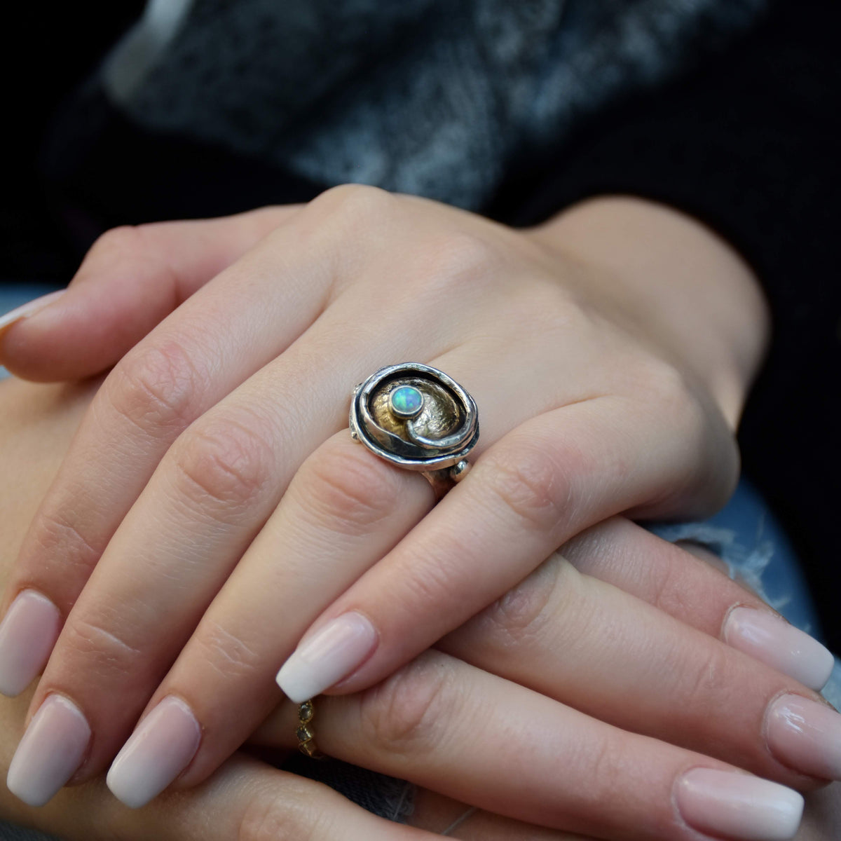 R1470X Two tone rustic ring with Opal