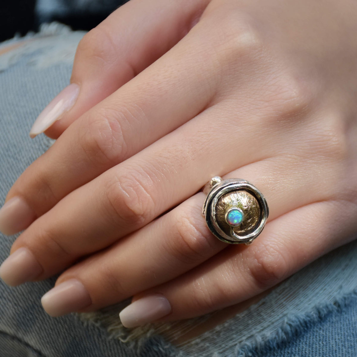 R1470X Two tone rustic ring with Opal