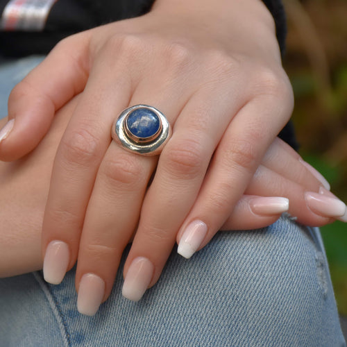 R1475C Rustic silver and gold ring with Blue Kyanite ring