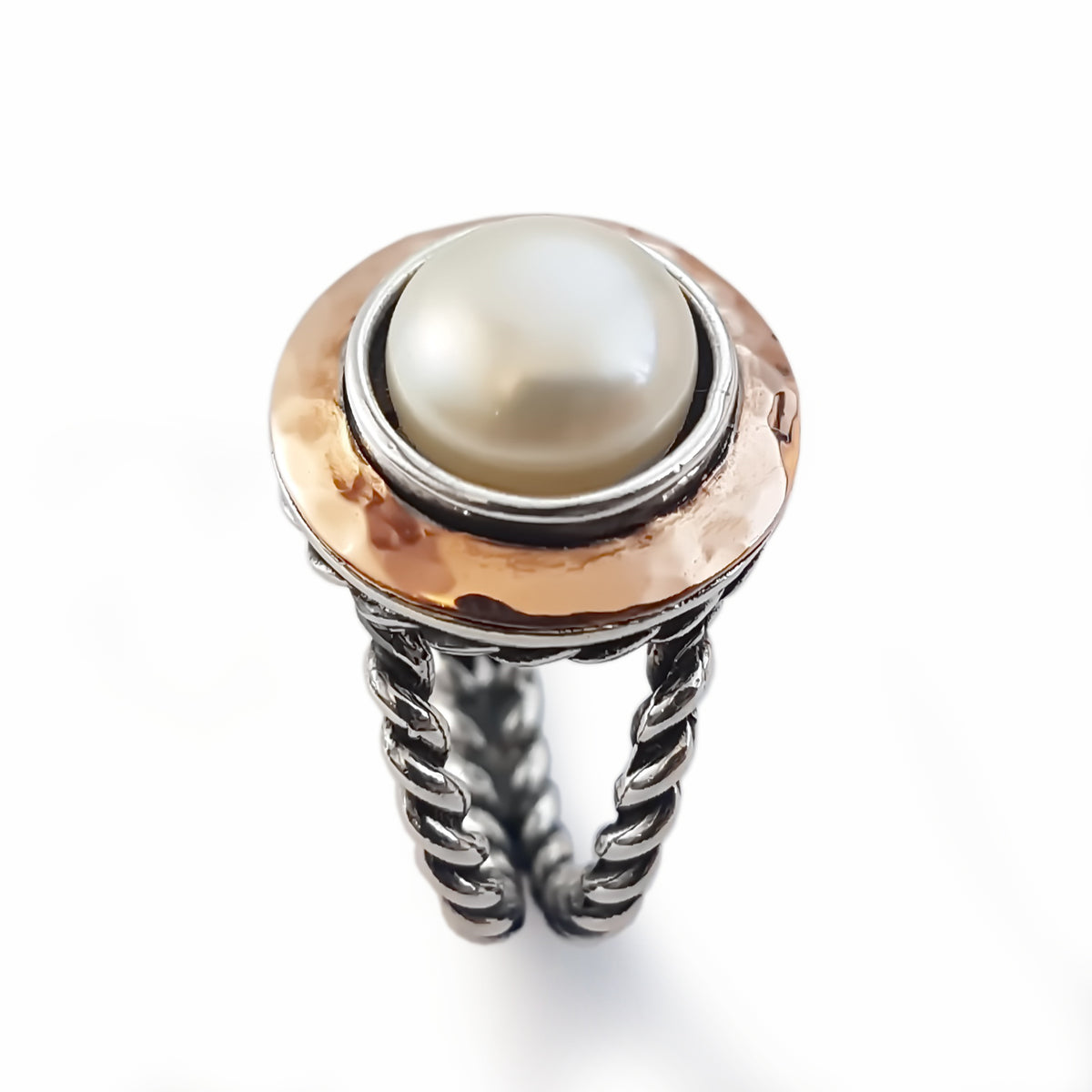 R1549-1 Rose Gold and Silver rope ring with Pearl