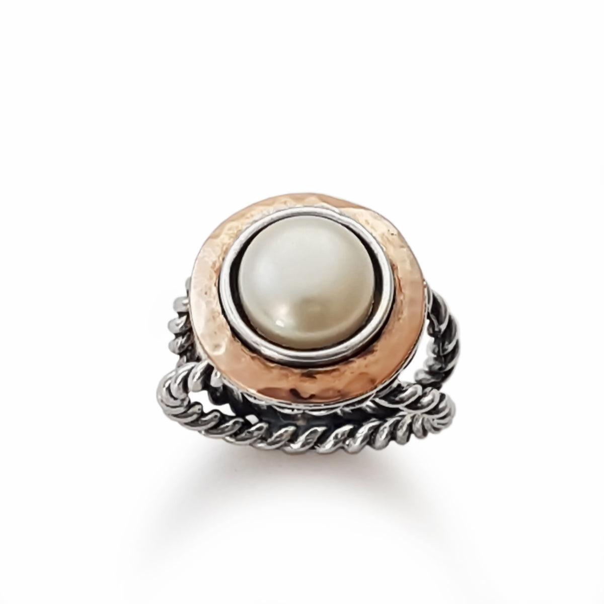 R1549-1 Rose Gold and Silver rope ring with Pearl