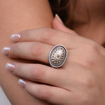 R1598-1 Large cocktail ring with ethnic motifs