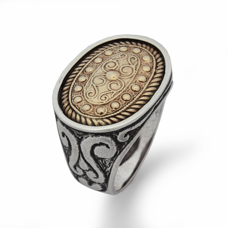 R1598-1 Large cocktail ring with ethnic motifs
