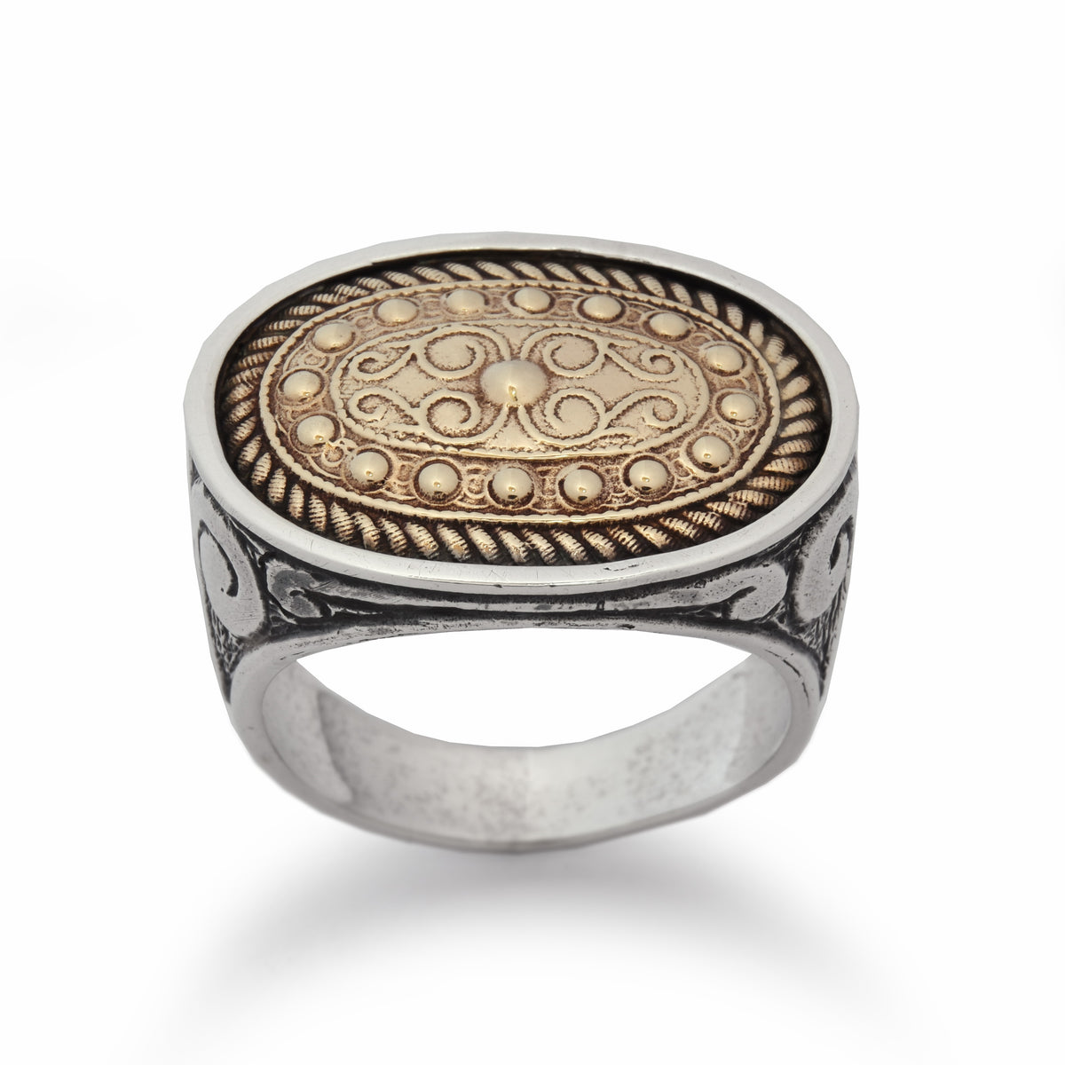 R1598-1 Large cocktail ring with ethnic motifs