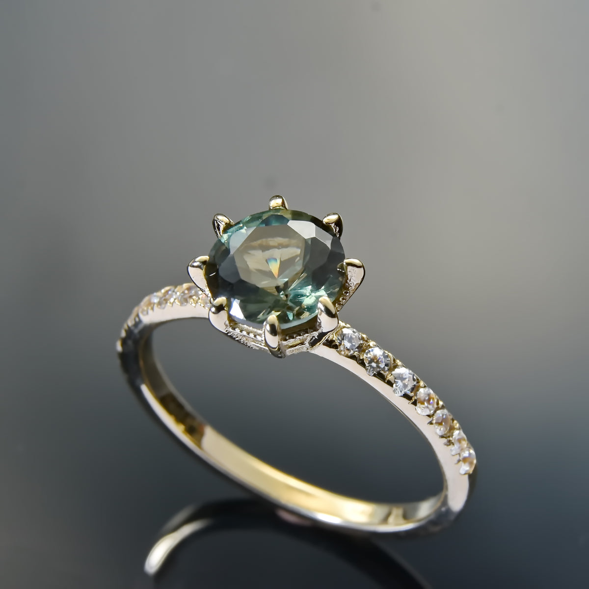 RG1828-1 Luxurious Gold Ring with Green Spinel and Zircons