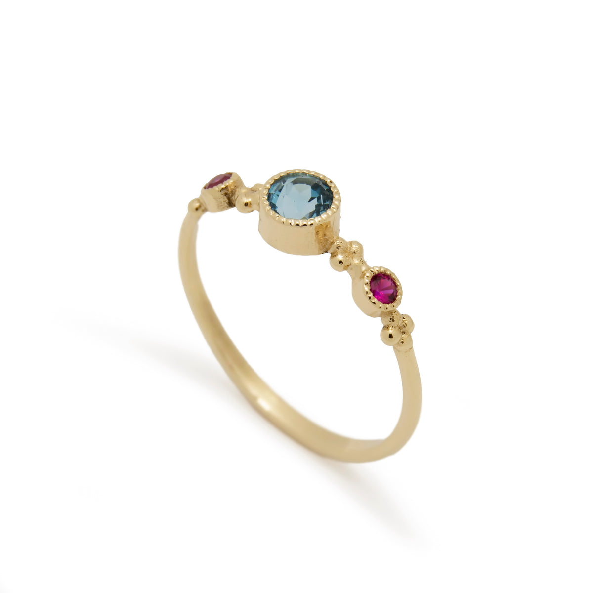 RG1831-3 Dainty Gold Ring with Blue Topaz and Ruby