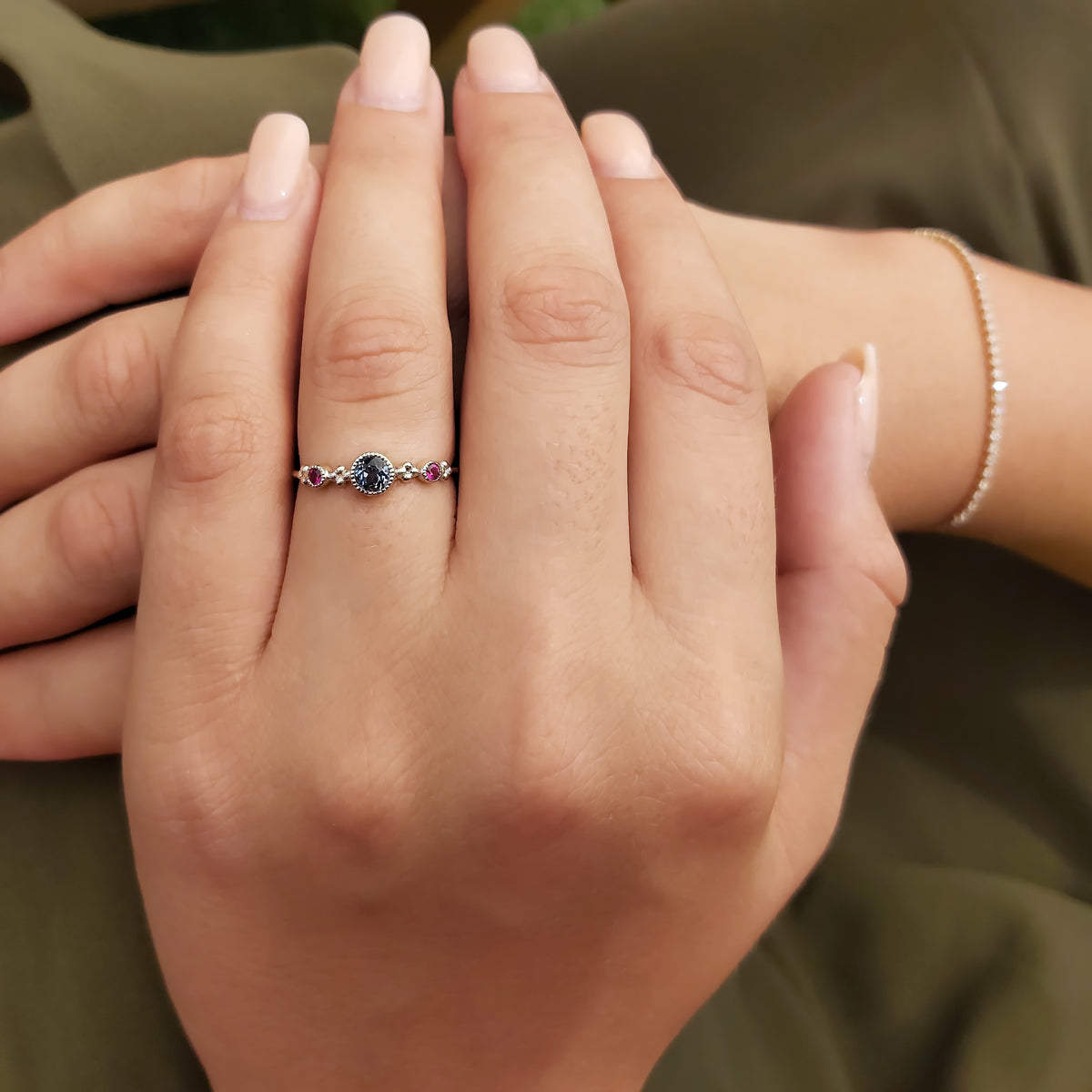 RG1831-3 Dainty Gold Ring with Blue Topaz and Ruby