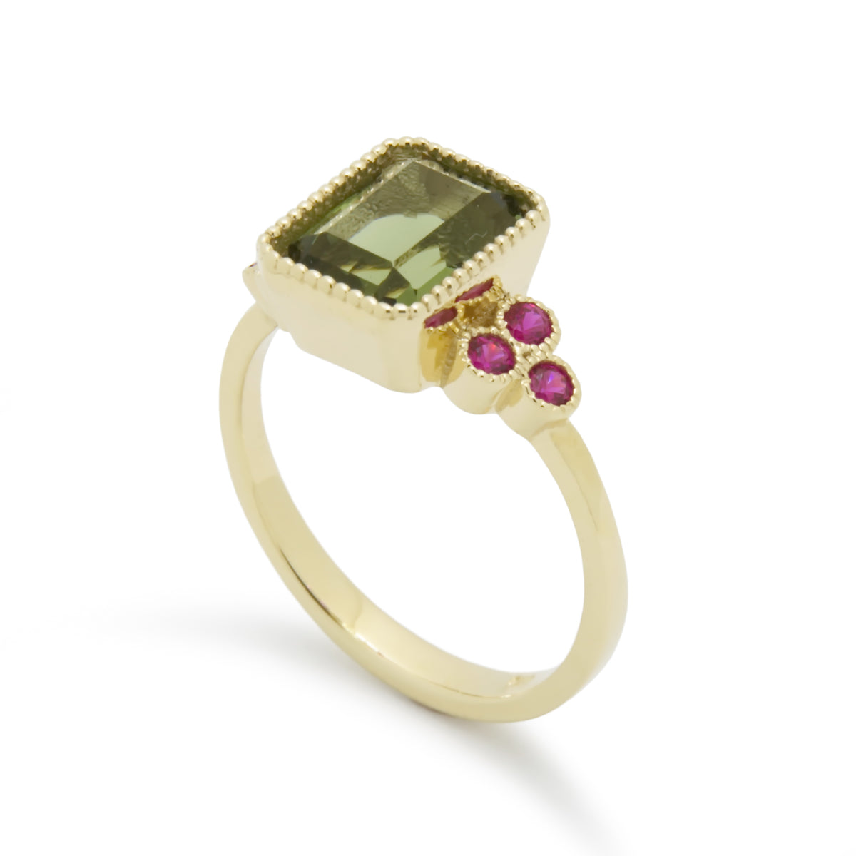 RG1833-2 Square Gold ring with Green Spinel and Ruby