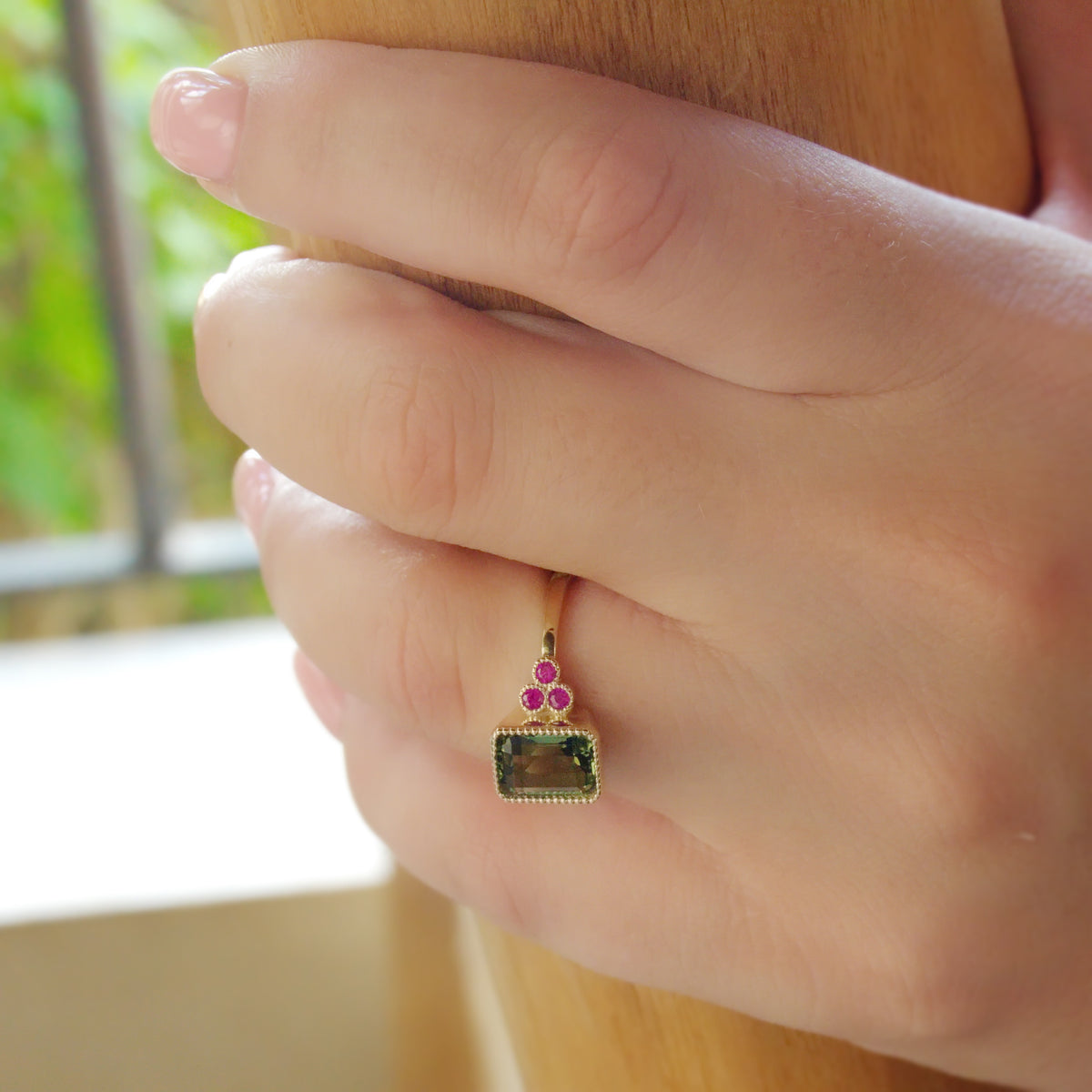 RG1833-2 Square Gold ring with Green Spinel and Ruby