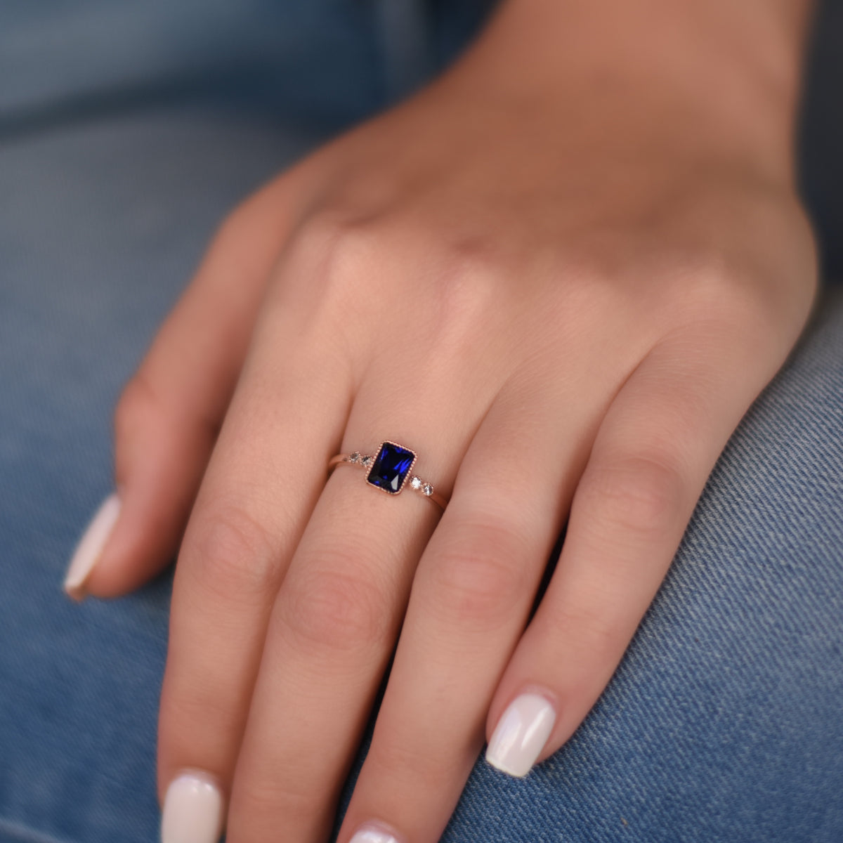 RG1834-2 Rose Gold Ring with Square Blue Sapphire and Zircon Accents