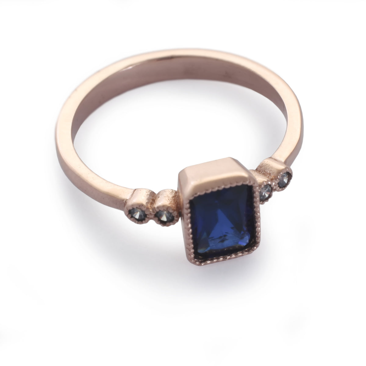 RG1834-2 Rose Gold Ring with Square Blue Sapphire and Zircon Accents