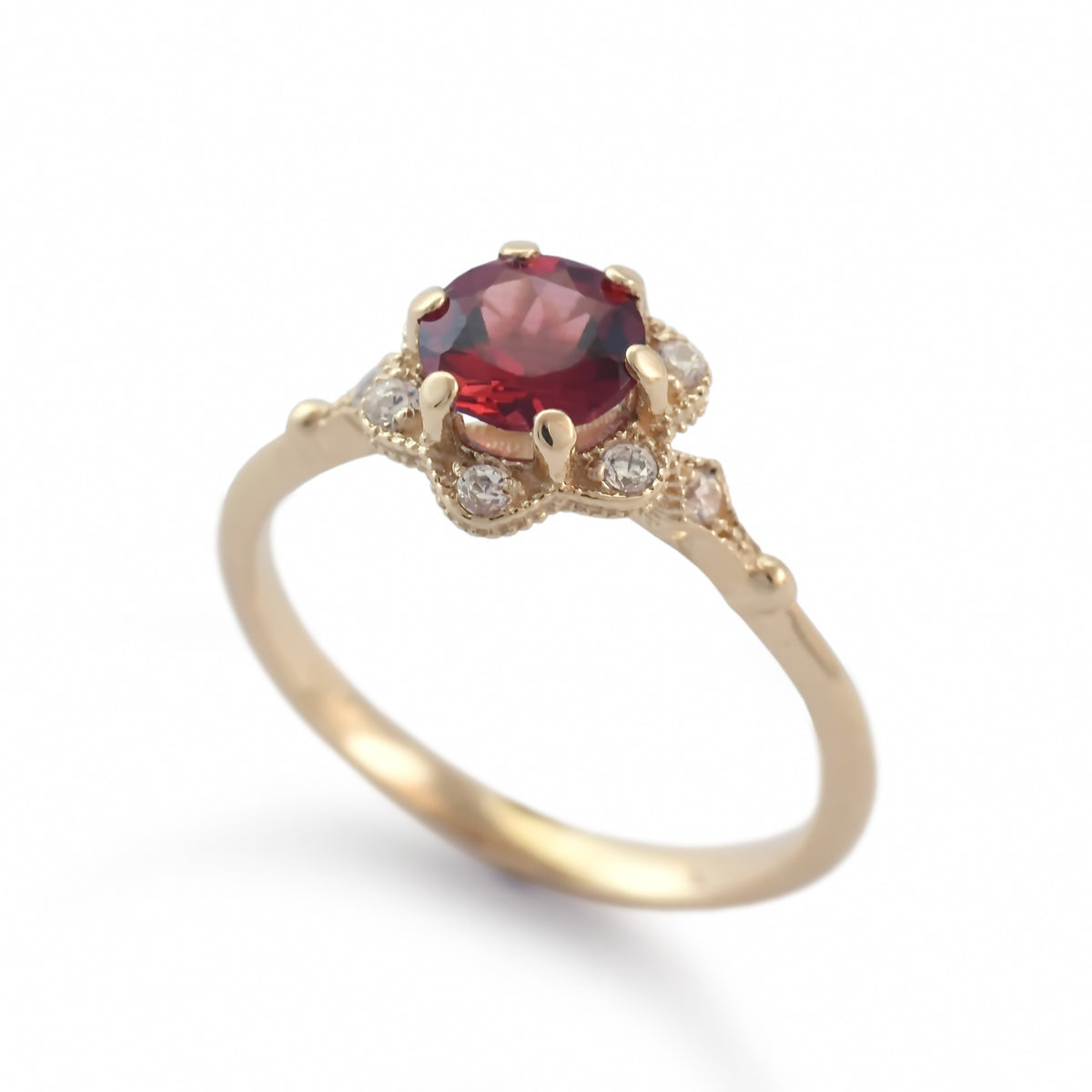 RG1854 Gold flower ring with Garnet and CZ