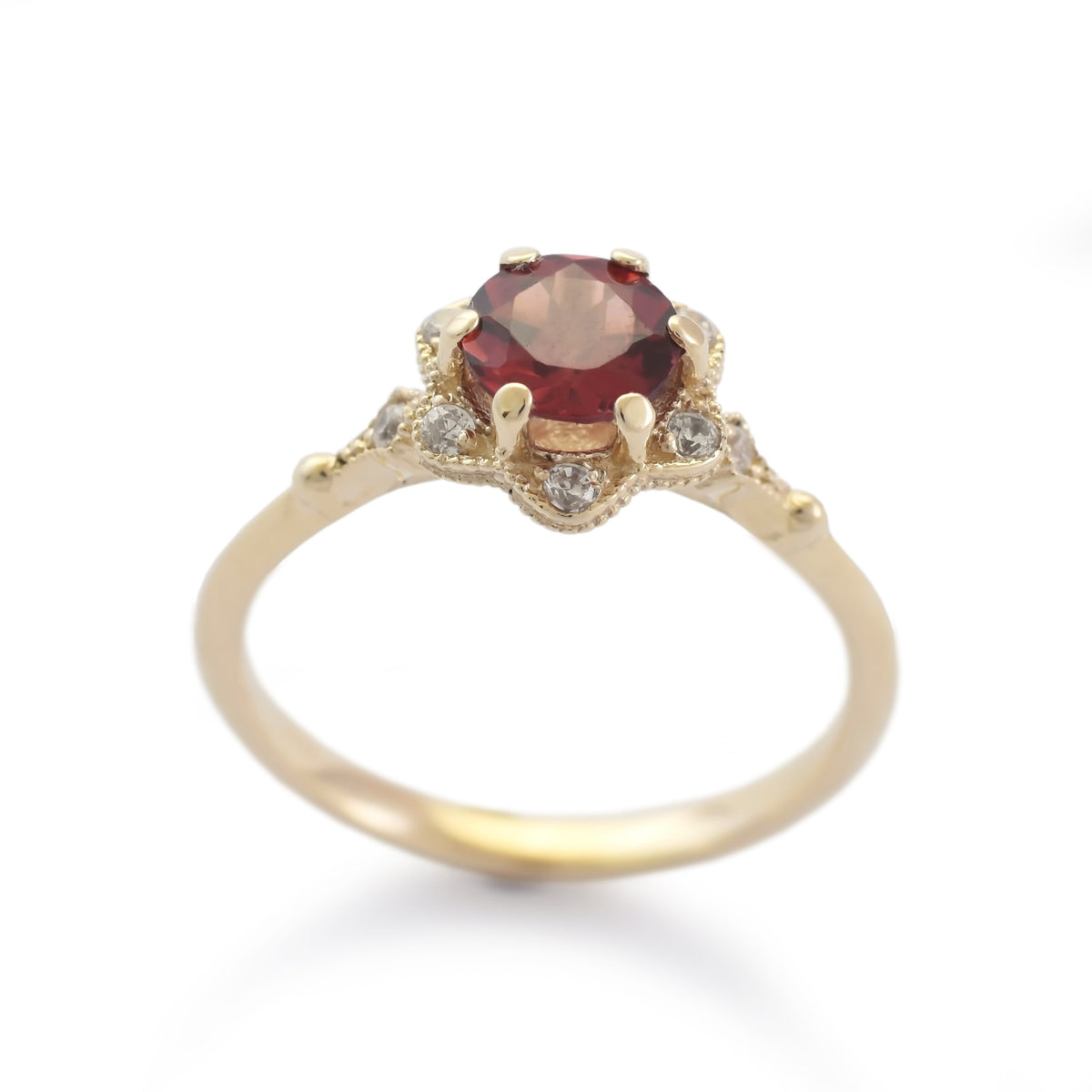 RG1854 Gold flower ring with Garnet and CZ