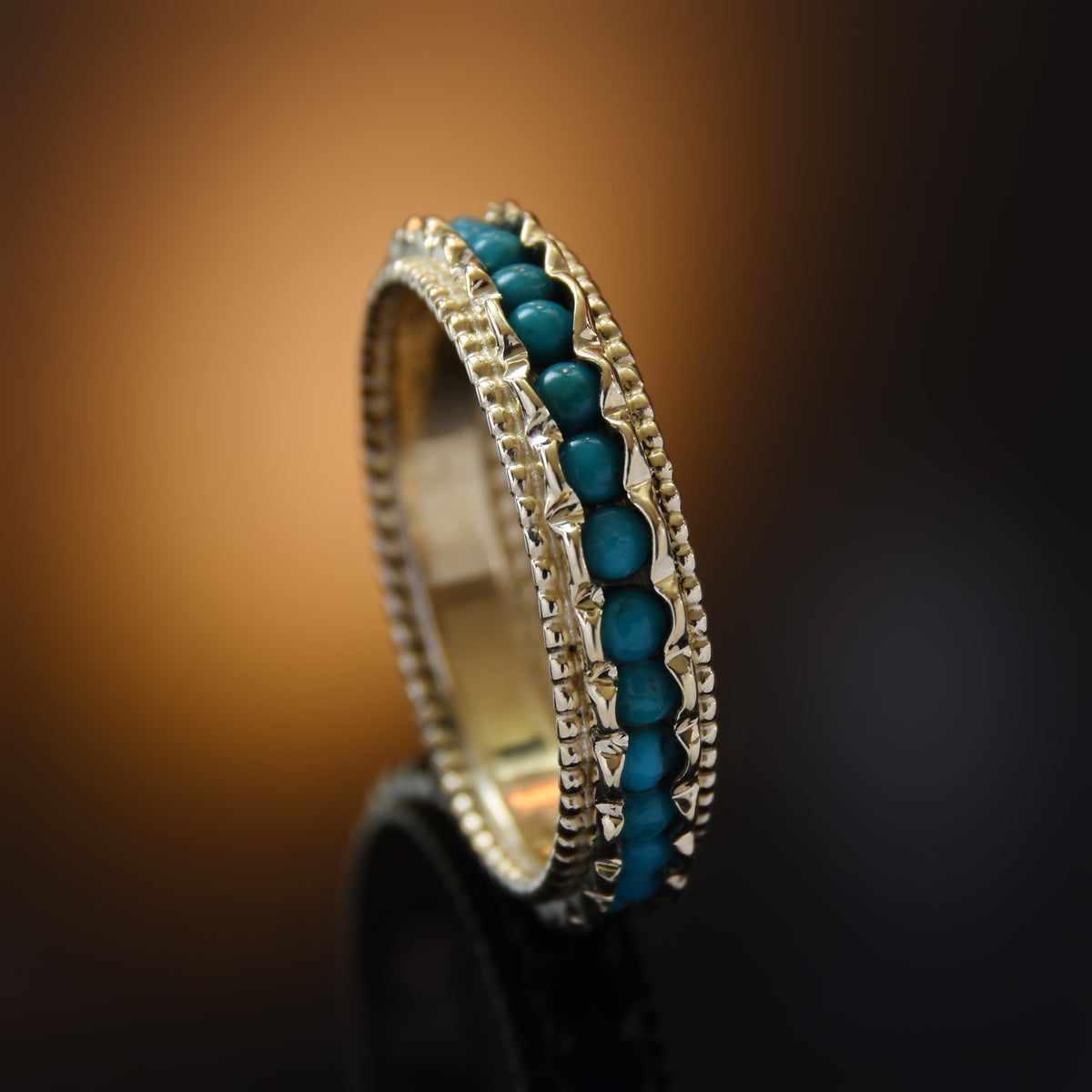 RG1859 Gold Eternity Ring with Dotted Edge and Turquoise Stones