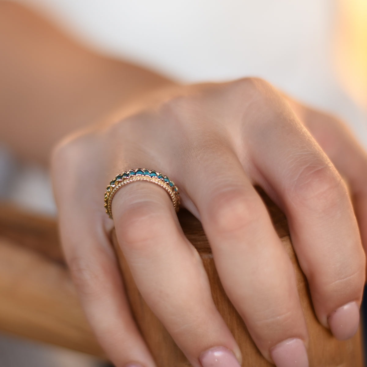 RG1859 Gold Eternity Ring with Dotted Edge and Turquoise Stones