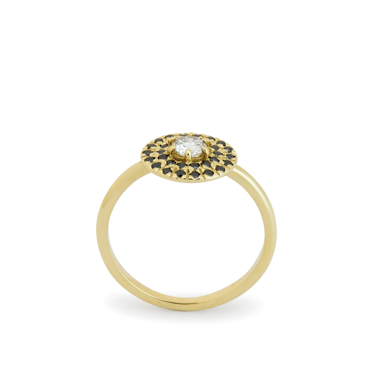 RG1895A Round Top Gold Ring with Black and Clear Diamonds