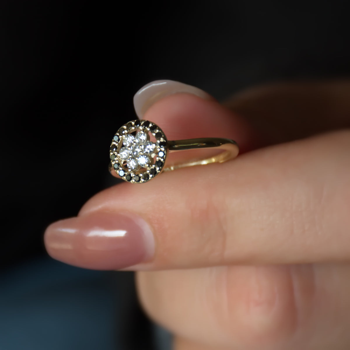 RG1896 Gold Flower Ring with Black and Clear Diamond combination