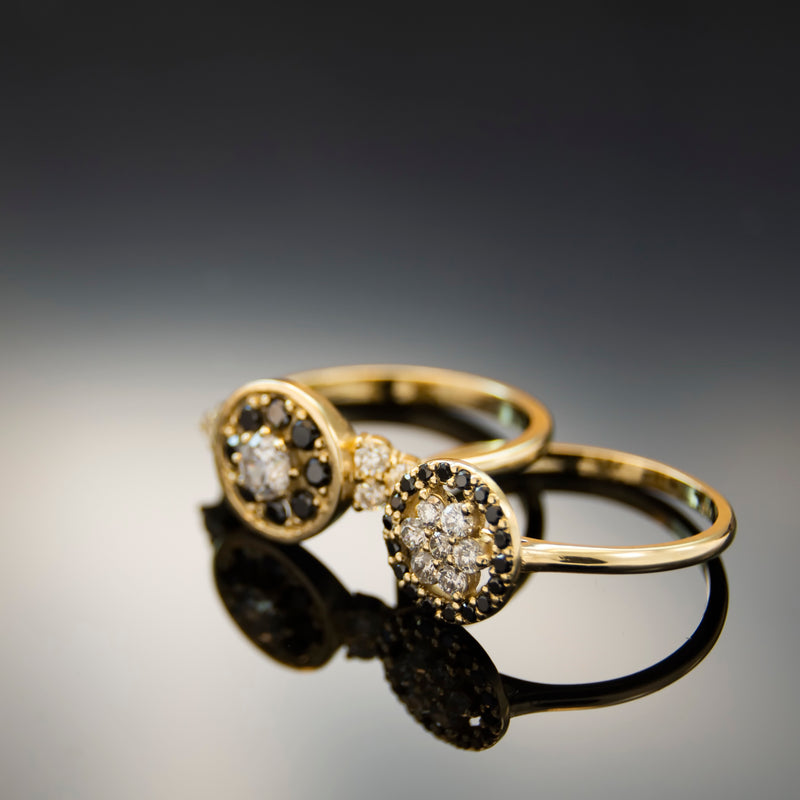 RG1896 Gold Flower Ring with Black and Clear Diamond combination