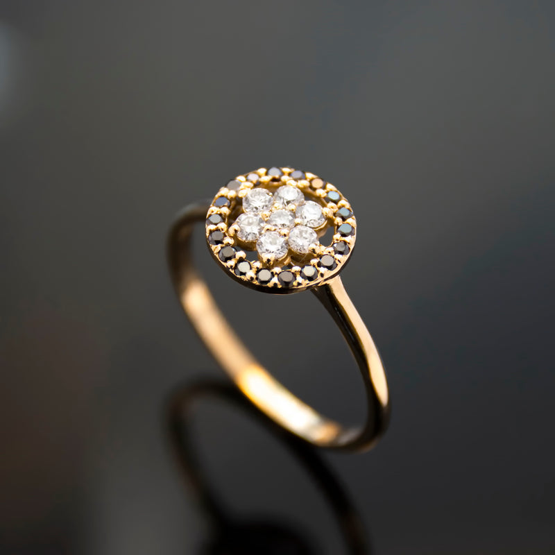 RG1896 Gold Flower Ring with Black and Clear Diamond combination