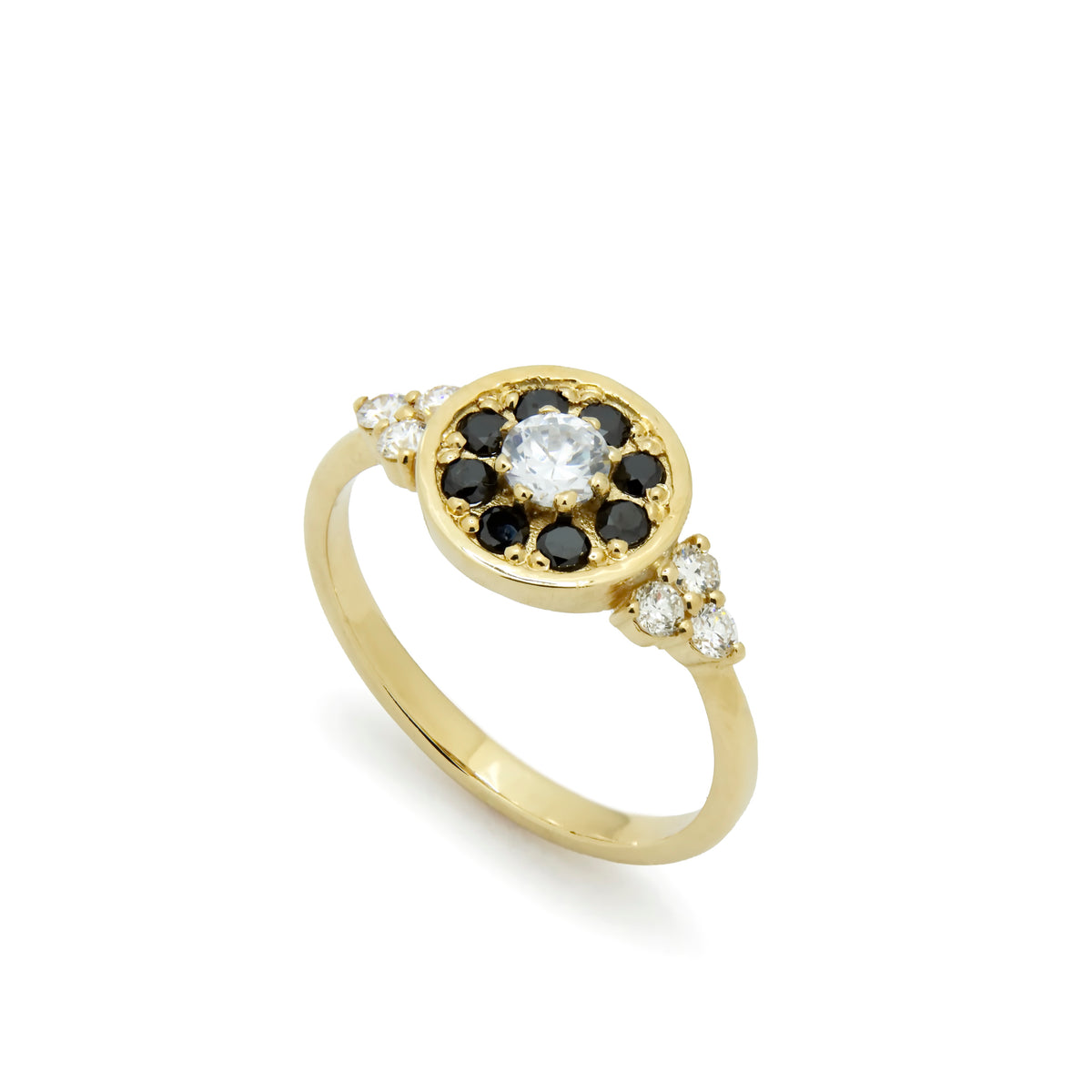 RG1897 Elegant Gold Flower Ring with Black and Clear Diamonds