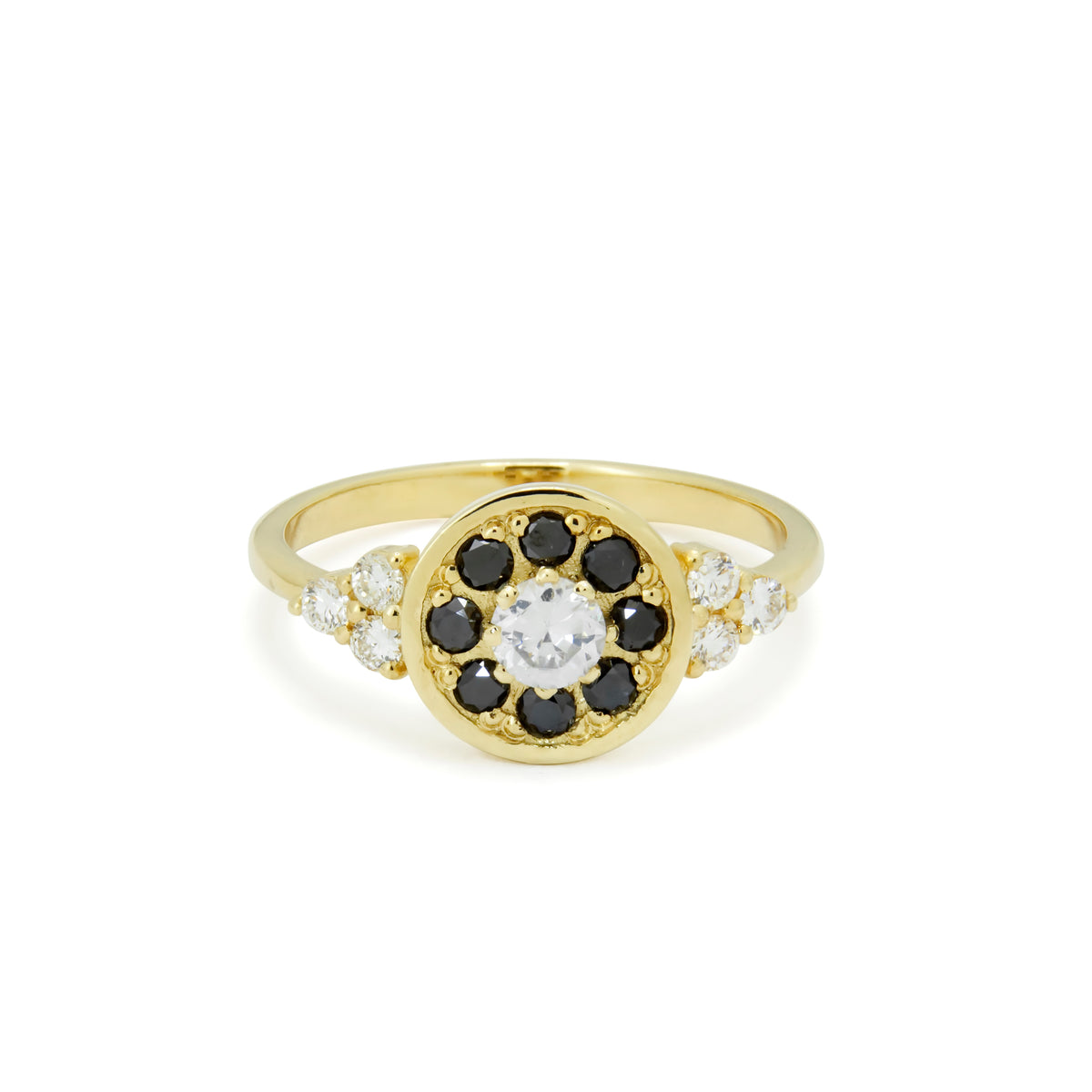 RG1897 Elegant Gold Flower Ring with Black and Clear Diamonds