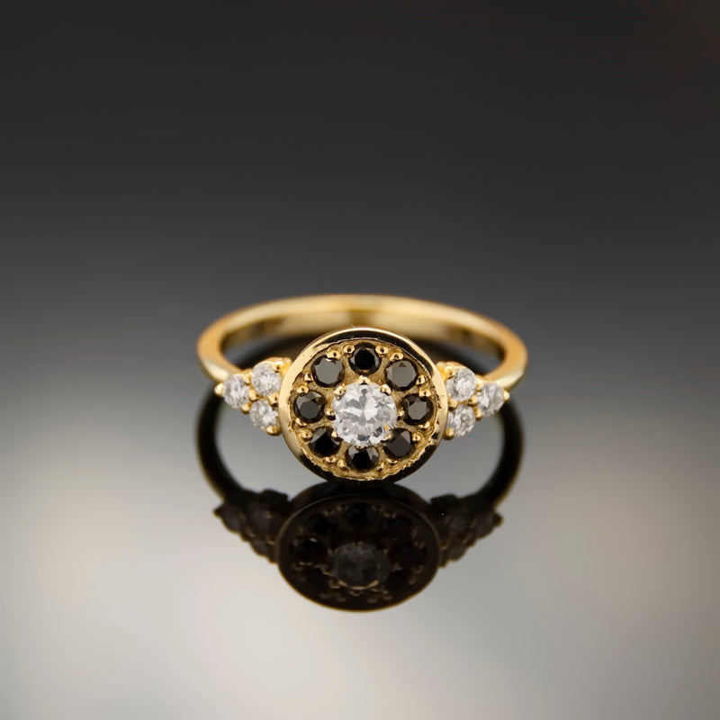RG1897 Elegant Gold Flower Ring with Black and Clear Diamonds