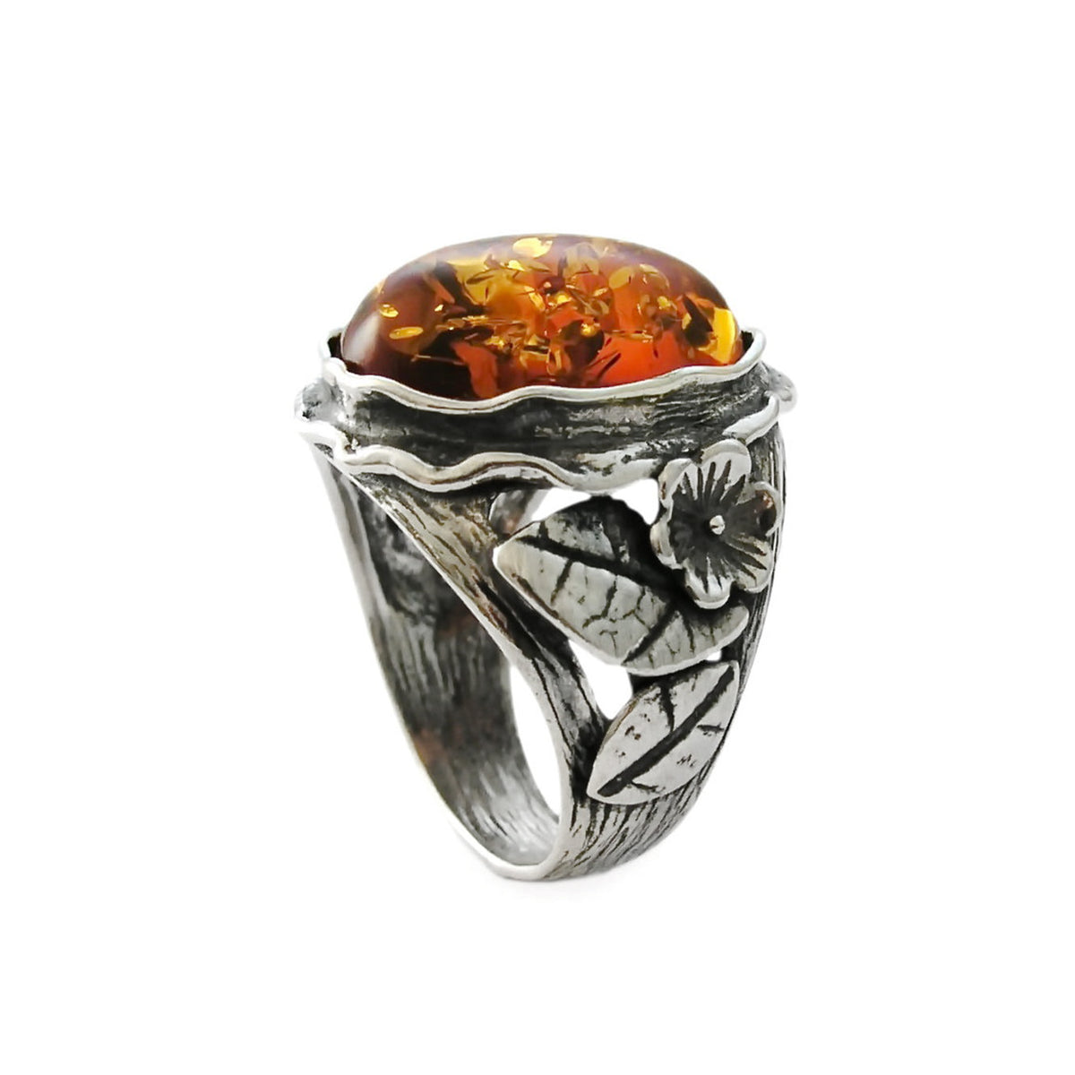 R1771-1 Amber silver flowers ring