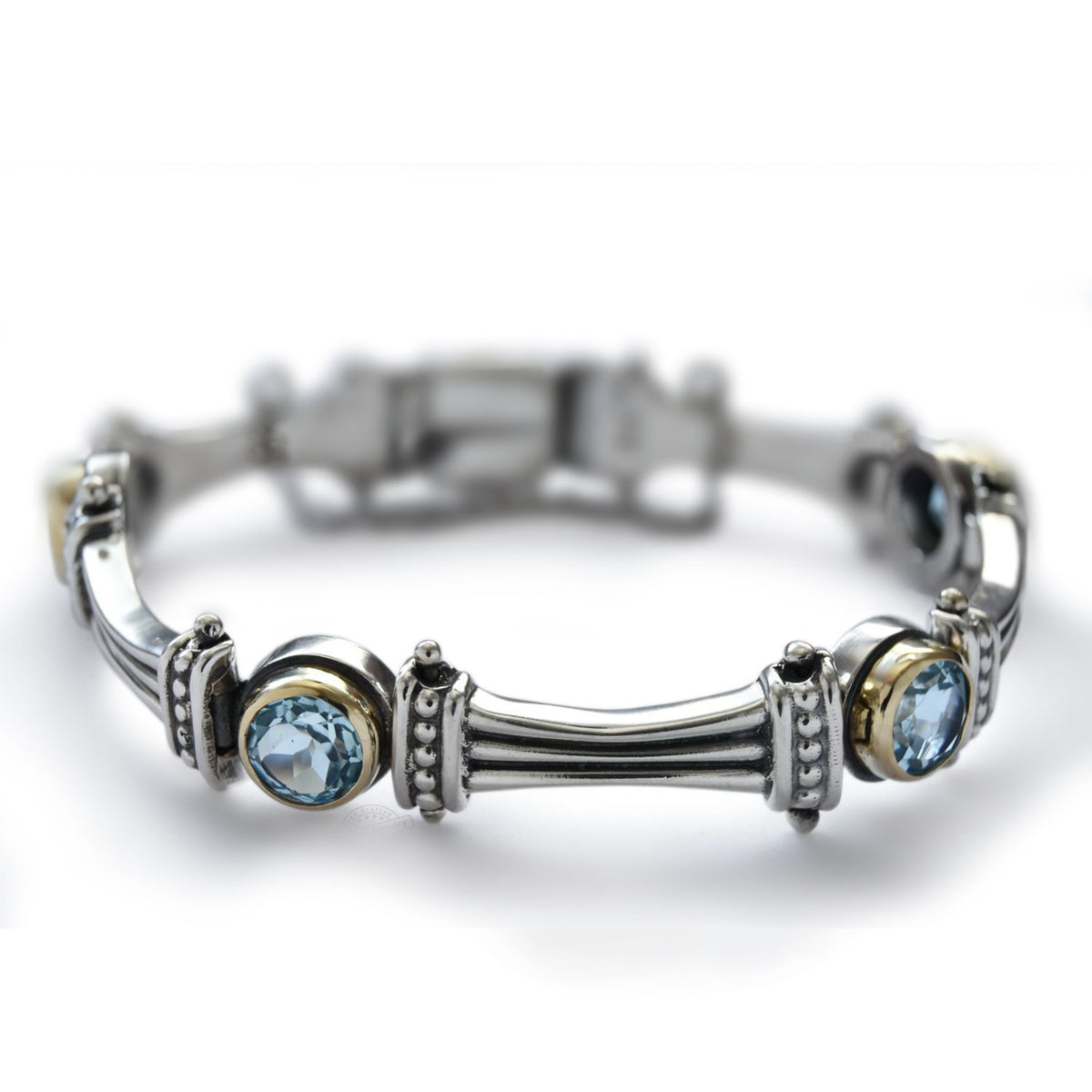 B0647F Silver and Gold Links Bracelet with Blue Topaz