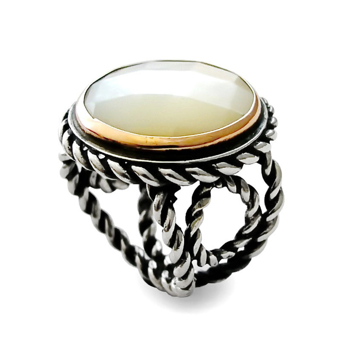 R1561 Mother of Pearl Gold and Silver rope ring