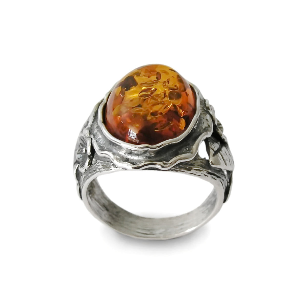 R1771-1 Amber silver flowers ring